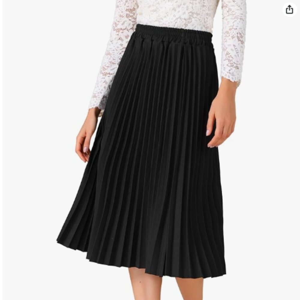Black Elastic Waist Accordion Pleated Midi Skirt Size XL - Black